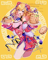 1girl b9-n3 bamboo_steamer bare_legs blonde_hair blush braid breasts china_dress chinese_clothes clothing_cutout commentary_request cropped_legs double_bun dress fingernails food hair_bun heart_cutout highres holding_bamboo_steamer idolmaster idolmaster_cinderella_girls idolmaster_cinderella_girls_starlight_stage long_hair looking_at_viewer looking_to_the_side medium_breasts nail_polish official_alternate_costume ohtsuki_yui outline red_dress side_cutout signature smile solo steamed_bun twin_braids two_side_up very_long_hair watermark white_outline