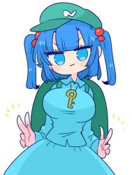 backpack bag blue_eyes blue_hair blue_shirt blue_skirt breasts collared_shirt frilled_shirt_collar frills front_ponytail green_hat hair_bobbles hair_ornament hat kappa kawashiro_nitori key large_breasts long_sleeves medium_hair op_na_yarou puffy_sleeves shirt short_twintails sidelocks simple_background skirt skirt_set smile solo touhou twintails two_side_up white_background