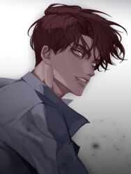 Rule 34 | 1boy, absurdres, brown hair, character request, commentary request, facial scar, gradient background, grey background, grey shirt, gwechul, highres, korean commentary, light particles, looking to the side, male focus, parted lips, portrait, scar, scar on cheek, scar on face, scar on neck, shirt, solo, teeth, white eyes, yum 606