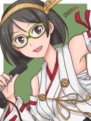 Rule 34 | 1girl, black eyes, black hair, breasts, commentary request, dated, detached sleeves, glasses, green-framed eyewear, hamu agaki, headgear, highres, holding, holding microphone, japanese clothes, kantai collection, kirishima (kancolle), medium breasts, microphone, nontraditional miko, open mouth, ribbon-trimmed sleeves, ribbon trim, sarashi, signature, smile, solo, upper body