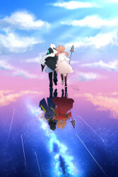 2girls 2others absurdres ambiguous_gender angelina_(arknights) animal_ears arknights arknights:_endfield black_coat black_collar black_hair black_shoes black_socks character_name chinese_commentary chromatic_aberration cloud coat collar commentary_request dated day different_reflection doctor_(arknights) endministrator_(arknights) film_grain fox_ears fox_girl fox_tail from_behind gilberta_(arknights) hair_ribbon highres holding holding_hands holding_staff hood hood_up hooded_coat infection_monitor_(arknights) kneehighs light_rays long_hair milky_way multiple_girls multiple_others multiple_persona night open_clothes open_coat ponytail red_coat red_ribbon reflection ribbon shoes shooting_star short_hair sky socks split_theme staff star_(sky) starry_sky tail twintails white_coat white_hair zhan_bai_(daviding)