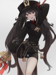 1girl absurdres black_coat black_hat black_shorts blush breasts brown_hair coat coattails deko_morii flower genshin_impact hat hat_flower highres hu_tao_(genshin_impact) long_hair long_sleeves looking_at_viewer open_mouth plum_blossoms polearm red_eyes shorts small_breasts smile solo staff_of_homa_(genshin_impact) symbol-shaped_pupils thighs twintails very_long_hair weapon