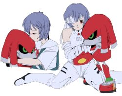 Rule 34 | 1boy, 1girl, ayanami rei, bandage over one eye, bandages, bendedede, black sclera, bodysuit, closed mouth, colored sclera, crossover, green eyes, hetero, hug, kiss, kissing forehead, mecha pilot suit, metal knuckles, multiple views, neck ribbon, neon genesis evangelion, plugsuit (evangelion), red eyes, red neckwear, ribbon, robot, school uniform, short hair, simple background, sketch, sonic (series), sonic r, sonic the hedgehog (classic), tokyo-3 middle school uniform, white background
