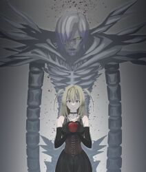 2girls absurdres amane_misa apple black_choker black_dress blonde_hair breasts choker closed_mouth corset death_note detached_sleeves dress elbow_gloves food fruit gema_(sotyadesuga) gloves goth_fashion highres jewelry long_hair looking_at_viewer multiple_girls necklace red_eyes rem_(death_note) smile twintails two_side_up
