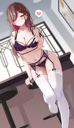 1girl absurdres arm_support bar_stool blush bra breasts brown_hair cleavage collarbone colored_inner_hair commentary_request commission cross cross_earrings dutch_angle earrings fingernails grin groin hair_over_one_eye has_bad_revision heart highres hoiting_(vtuber) indie_virtual_youtuber indoors jewelry looking_at_viewer md5_mismatch medium_breasts multicolored_hair nail_polish navel panties pink_hair purple_bra purple_garter_belt purple_panties sikimosh skeb_commission smile solo spoken_heart stomach stool thighhighs two-tone_hair underwear underwear_only virtual_youtuber white_thighhighs