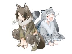 2girls animal_ears animal_print back_bow blue_bow blunt_bangs blush boots bow brown_hair brown_pantyhose closed_eyes extra_ears fangs frilled_sleeves frills fur_collar fur_trim green_boots green_eyes green_sweater grey_fur grey_hair grey_kimono grey_skirt highres hokkaido_wolf_(kemono_friends) japanese_clothes kemono_friends kimono leopard_print long_sleeves midriff_peek multicolored_hair multiple_girls open_mouth pantyhose parsley_(simonov1941) plaid_clothes plaid_skirt pleated_skirt print_kimono shirt sidelocks sitting skirt snow_leopard_(kemono_friends) snow_leopard_ears snow_leopard_girl snow_leopard_tail squatting sweater tail torn_clothes torn_pantyhose two-tone_hair white_fur white_hair white_shirt wolf_ears wolf_girl wolf_tail yawning