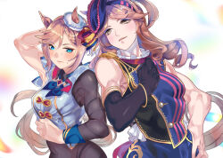2girls animal_ears bare_shoulders bicorne blue_eyeliner blue_eyes bow brown_hair commentary_request dixie_cup_hat doushi_tatsu_to_dekkai_no ear_bow ears_through_headwear elbow_gloves eyeliner gloves hair_bow hairband hat highres horse_ears horse_girl long_hair makeup military_hat montjeu_(umamusume) multiple_girls simple_background striped_clothes striped_hairband tilted_headwear umamusume upper_body venus_paques_(umamusume) white_background