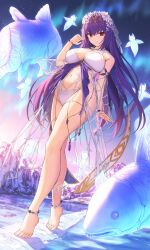 1girl aurora bare_shoulders barefoot bikini breasts cleavage fate/grand_order fate_(series) fish flower full_body hair_between_eyes hair_flower hair_ornament highres ice kamo_ashi large_breasts long_hair looking_at_viewer navel night night_sky purple_hair red_eyes revision scathach_(fate) scathach_skadi_(fate) scathach_skadi_(swimsuit_ruler)_(fate) scathach_skadi_(swimsuit_ruler)_(third_ascension)_(fate) see-through_clothes sky solo swimsuit very_long_hair white_bikini