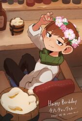 1boy absurdres beer_mug black_eyes black_pants blush bottle brown_hair chair character_name chilchuck_tims closed_mouth cup dated dungeon_meshi flower happy_birthday head_wreath highres leaf long_sleeves looking_at_viewer male_focus mug neck_warmer on_chair pants pink_flower piyodein_(katsugo) shirt sitting solo white_shirt