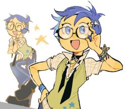 1girl adjusting_eyewear alternate_costume belt bespectacled blue_eyes blue_hair bracelet closed_eyes colored_skin commentary denim dominokawaii glasses hair_ornament hand_on_own_cheek hand_on_own_face hand_on_own_hip inside_out jeans jewelry joy_(inside_out) looking_to_the_side multiple_views necktie open_mouth pants popped_collar short_hair short_sleeves smile star_(symbol) star_hair_ornament sweater_vest undone_necktie yellow_skin