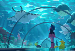 1girl :t air_bubble antennae aquarium aquarium_tunnel awestruck bare_shoulders beanie black_sclera black_shirt black_socks black_vest blue_hair blush_stickers boots bubble colored_sclera commentary coral corsola crown dawn_(pokemon) dorsal_fin english_commentary facing_away finneon fins fish fish_tail frillish frillish_(male) from_below gen_1_pokemon gen_2_pokemon gen_3_pokemon gen_4_pokemon gen_5_pokemon half-closed_eyes hand_on_own_chest hat highres jellicent jellicent_(female) knee_boots kneehighs light_rays long_hair looking_up luvdisc mantine mantyke miniskirt nintendo o_o octillery open_mouth pikachu pink_boots pink_skirt pokemon pokemon_(creature) pokemon_dppt pokemon_focus rat_chuuu red_scarf reflective_floor remoraid rock scarf seafloor seaweed sharpedo shirt signature silhouette skirt sleeveless sleeveless_shirt smile socks tail tile_floor tiles turtle_shell turtwig underwater vest wailmer water white_hat yellow_fur yellow_sclera