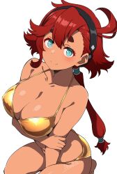 1girl artist_name batta_16-sei bikini black_hairband blue_eyes blush braid breasts cleavage commentary_request gold_bikini gundam gundam_suisei_no_majo hair_ornament hairband highres holding_own_arm kneeling large_breasts long_hair red_hair shiny_skin smile suletta_mercury swimsuit thick_eyebrows