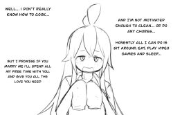 1girl ahoge antenna_hair english_text greyscale hood hood_down hoodie huge_ahoge long_hair long_sleeves looking_at_viewer mad_mex monochrome open_mouth original sidelocks sketch sleeves_past_fingers sleeves_past_wrists solo straight-on upper_body