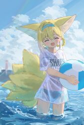 1girl animal_ear_fluff animal_ears arknights ball beachball bikini bikini_under_clothes blonde_hair blue_bikini blue_hairband braid braided_hair_rings closed_eyes cloud cloudy_sky commentary_request facing_viewer fox_ears fox_girl fox_tail hair_rings hairband highres holding holding_ball holding_beachball in_water kitsune midriff mikeneko90 multiple_tails navel open_mouth outdoors rhodes_island_logo_(arknights) see-through_clothes see-through_shirt shirt sky smile solo suzuran_(arknights) swimsuit tail wading wet wet_clothes wet_shirt