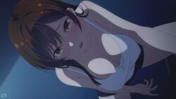 1girl blush breasts brown_eyes brown_hair cleavage highres indoors kanojo_okarishimasu keihh large_breasts looking_at_viewer mizuhara_chizuru open_mouth solo tank_top white_tank_top