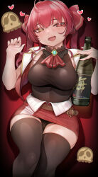 1girl absurdres ahoge ascot bababababan belt black_choker black_leotard black_thighhighs blush bottle breasts brooch brown_belt choker cropped_vest fang frilled_choker frills heart heterochromia highres holding holding_bottle hololive houshou_marine houshou_marine_(1st_costume) jewelry large_breasts leotard leotard_under_clothes long_hair looking_at_viewer miniskirt open_clothes open_mouth open_vest red_ascot red_eyes red_hair red_skirt red_vest see-through_clothes see-through_leotard skin_fang skirt solo thighhighs thighs twintails vest virtual_youtuber white_skirt yellow_eyes