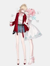 2girls 9ea1u ? alternate_costume aqua_eyes aqua_hair black_nails blonde_hair breast_tattoo breasts cleavage commentary_request cup denim denim_shorts disposable_cup dress drill_hair earrings full_body genderswap genderswap_(mtf) grey_background height high_heels highres holding holding_cup honkai:_star_rail honkai_(series) hyacine_(honkai:_star_rail) jacket jewelry large_breasts medium_hair multicolored_hair multiple_girls mydei_(honkai:_star_rail) phainon_(honkai:_star_rail) ponytail red_jacket red_tattoo shirt shorts simple_background spoken_character spoken_question_mark tattoo twin_drills twintails two-tone_hair white_dress white_shirt yellow_eyes