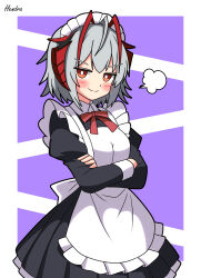 1girl absurdres alternate_costume antenna_hair apron arknights artist_name black_dress blush breasts bright_pupils closed_mouth crossed_arms demon_girl demon_horns dress enmaided frilled_apron frills grey_hair hendra highres horns juliet_sleeves long_sleeves looking_at_viewer maid maid_apron maid_headdress medium_breasts multicolored_hair orange_eyes puff_of_air puffy_sleeves purple_background red_hair short_hair signature simple_background smug solo streaked_hair w_(arknights) white_apron white_pupils