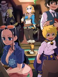 1other 3boys 4girls absurdres adventure_time black_coat black_eyes black_hair blonde_hair blue_eyes blue_jacket bongfill breasts cleavage coat commentary cropped_jacket cynthia_(pokemon) gash_bell group_picture hair_over_one_eye highres jacket jojo_no_kimyou_na_bouken joseph_joestar joseph_joestar_(old) konjiki_no_gash!! lara_croft large_breasts long_hair medium_breasts multiple_boys multiple_girls nico_robin nintendo one_piece pink_sarong pokemon pokemon_dppt princess_zelda sarong simon_petrikov stardust_crusaders symbol-only_commentary takamine_kiyomaro the_legend_of_zelda the_legend_of_zelda:_tears_of_the_kingdom tomb_raider trait_connection