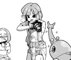 1boy 1girl 2049_(hh5566) age_difference ahoge aroused_nosebleed blood blush breasts bugsy_(pokemon) camera cellphone child cleavage closed_eyes covering_own_mouth fang female_pervert focused gen_2_pokemon greyscale gym_leader hand_up hands_up heart heart-shaped_pupils heracross holding holding_camera holding_phone medium_breasts medium_hair monochrome neck_ribbon nintendo nosebleed open_mouth pervert phone pokemon pokemon_hgss pokemon_xy recording ribbon short_sleeves shorts sidelocks smartphone standing symbol-shaped_pupils tank_top viola_(pokemon)