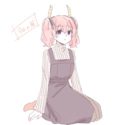 1girl absurdres black_bow black_dress bow brown_shirt brown_shoes demon_horns dress full_body hair_between_eyes hair_bow highres horns linie_(sousou_no_frieren) looking_at_viewer parted_lips pink_hair pleated_dress purple_eyes ribbed_shirt seila_rei seiza shirt shoes simple_background sitting sleeveless sleeveless_dress solo sousou_no_frieren translation_request twintails white_background