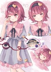 1girl adapted_costume arm_at_side blue_dress blunt_bangs blush closed_eyes closed_mouth commentary_request dreaming dress expressionless eyeball feet_out_of_frame hairband hand_up head_tilt heart jaku_sono knees_together_feet_apart komeiji_koishi komeiji_satori looking_at_viewer looking_to_the_side multiple_views one_eye_closed petticoat pink_eyes pink_hair short_hair simple_background sleeping smile solo speech_bubble squeans third_eye thought_bubble touhou white_background zzz
