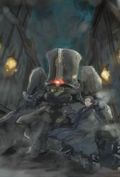 2boys architecture black_eyes black_footwear black_hair black_pants bow bowtie charles_babbage_(fate) fate/grand_order fate_(series) full_body hair_slicked_back lamppost long_coat male_focus mukudori10 multiple_boys night pants robot sherlock_holmes_(fate) shoes smog
