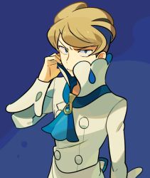 Rule 34 | 10s, 1boy, blonde hair, blue background, blue eyes, elite four, male focus, nintendo, pokemon, pokemon xy, popped collar, siebold (pokemon), solo, ucchii
