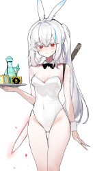 1girl absurdres bare_shoulders black_ribbon breasts covered_navel danbal highres len_(maplestory) leotard long_hair looking_at_viewer maplestory playboy_bunny red_eyes ribbon side_ponytail solo sword sword_on_back thighs weapon weapon_on_back white_background white_hair white_leotard