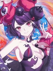 1girl abstract_background bare_shoulders bird black_dress black_hair black_jacket breasts chinese_commentary commentary dress fate/grand_order fate_(series) hair_ornament highres jacket katsushika_hokusai_(fate) katsushika_hokusai_(third_ascension)_(fate) lengsang_123 medium_breasts open_clothes open_jacket pink_eyes short_hair smile solo