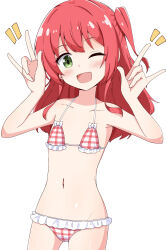 1girl ;d \m/ aikawa_ryou bare_arms bare_shoulders bikini blush bocchi_the_rock! bow bow_bikini collarbone double_\m/ flat_chest frilled_bikini frills green_eyes hands_up highres kita_ikuyo long_hair looking_at_viewer navel notice_lines one_eye_closed one_side_up open_mouth plaid_bikini plaid_clothes red_hair simple_background smile solo swimsuit white_background