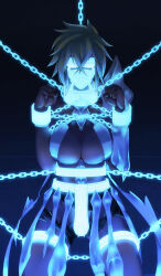 1girl blackjacke7 bleach bleach:_sennen_kessen-hen blonde_hair breasts chain chained chained_cuffs chained_legs chained_wrists colored_eyelashes covered_eyes dark-skinned_female dark_skin espada facial_mark female_focus gagged green_eyes large_breasts medium_hair simple_background textless_version tier_harribel variant_set