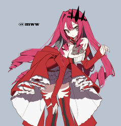 1girl absurdres baobhan_sith_(fate) baobhan_sith_(first_ascension)_(fate) bare_shoulders boots breasts detached_sleeves dress fate/grand_order fate_(series) frilled_dress frills grey_background grey_eyes hair_ornament hand_up highres leaning_forward long_hair pink_hair red_dress sidelocks solo thigh_boots user_tfax3445