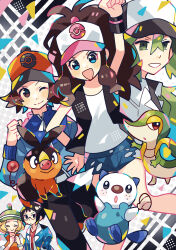 2girls 3boys :d :o ^_^ anidler91 anniversary arm_up baseball_cap bianca_(pokemon) black_hair blonde_hair blue_eyes blue_shorts brown_eyes cheren_(pokemon) closed_eyes closed_mouth commentary_request confetti denim denim_shorts gen_5_pokemon glasses green_eyes green_hat hand_on_own_hip hat highres hilbert_(pokemon) hilda_(pokemon) multiple_boys multiple_girls n_(pokemon) nintendo one_eye_closed open_mouth oshawott pig poke_ball_print pokemon pokemon_bw print_hat shorts smile snivy starter_pokemon_trio tepig