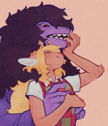 2girls animal_ears antlers blonde_hair checkered_clothes checkered_sweater_vest checkered_vest colored_skin deer_antlers deer_ears deer_girl deltarune furry furry_female highres horns long_hair long_sleeves multiple_girls noelle_holiday open_mouth purple_skin reindeer_girl reptile_girl sharp_teeth shirt smile susie_(deltarune) sweet-concordia teeth two-tone_sweater_vest vest yuri
