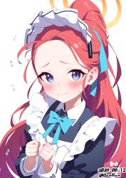 1girl apron artist_name blue_archive blush bow closed_mouth dandan_(uaee4742) dated flying_sweatdrops forehead hair_bow halo highres long_sleeves maid maid_apron maid_headdress official_alternate_costume official_alternate_hairstyle ponytail red_hair solo sweatdrop white_bow yellow_halo yuzu_(blue_archive) yuzu_(maid)_(blue_archive)