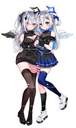 2girls amane_kanata amane_kanata_(work) amane_konata angel angel_wings anger_vein bare_shoulders black_dress black_sweater blue_hair blush breasts cleavage cleavage_cutout clothing_cutout commentary_request cowboy_shot dress feathered_wings grey_hair halo heart highres hololive hosimiya_yume large_breasts multicolored_hair multiple_girls purple_eyes purple_hair siblings simple_background sisters small_breasts speech_bubble spoken_anger_vein spoken_heart star_halo sweater translation_request twins two-tone_hair two_side_up virtual_youtuber white_wings wings