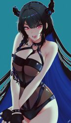Rule 34 | 1girl, :d, black gloves, black hair, black one-piece swimsuit, blue hair, breasts, cleavage, cowboy shot, demon horns, eden exile, fingerless gloves, gloves, green background, highres, hololive, hololive english, horns, large breasts, long hair, looking at viewer, mole, mole under eye, multicolored hair, nerissa ravencroft, one-piece swimsuit, open mouth, red eyes, simple background, smile, solo, swimsuit, two-tone hair, very long hair, virtual youtuber