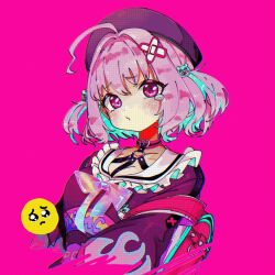 1girl ahoge anderson_m0311 aqua_hair backpack bag bandaid bandaid_hair_ornament beret between_breasts blush bob_cut bow breasts broken_heart chest_harness choker cleavage collarbone colored_inner_hair dot_nose emoji flame_print frilled_sailor_collar frills hair_between_eyes hair_intakes hair_ornament harness hat heart heart_o-ring highres idolmaster idolmaster_cinderella_girls idolmaster_cinderella_girls_starlight_stage jacket long_sleeves looking_at_viewer medium_breasts multicolored_bow multicolored_hair name_tag o-ring o-ring_harness o3o pink_background pink_bag pink_choker pink_eyes pink_hair pleading_face_emoji puckered_lips purple_jacket rainbow_print randoseru sailor_collar simple_background solo strap_between_breasts style_request tearing_up teddy_bear_hair_ornament teddy_bear_ornament two-tone_hair two_side_up upper_body white_sailor_collar x_hair_ornament yumemi_riamu