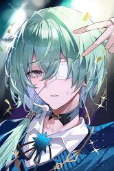 Rule 34 | 1boy, absurdres, anaxa (honkai: star rail), black choker, black ribbon, blue jacket, choker, collared shirt, commentary, eyepatch, green hair, hair between eyes, hand up, highres, honkai: star rail, honkai (series), jacket, knowa, long hair, looking at viewer, male focus, neck ribbon, parted lips, portrait, red eyes, ribbon, shirt, solo, v, watermark, white shirt