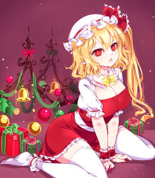 1girl absurdres adapted_costume back_bow bell blonde_hair bow breasts christmas christmas_ornaments cleavage collared_shirt flandre_scarlet frilled_shirt_collar frilled_skirt frilled_sleeves frills garter_straps hat hat_ribbon highres holly large_breasts medium_hair mob_cap neck_ribbon one_side_up open_mouth pointy_ears puffy_short_sleeves puffy_sleeves raptor7 red_eyes red_ribbon red_skirt ribbon shirt short_sleeves sitting skirt skirt_set slit_pupils socks solo thighhighs touhou white_bow white_shirt wrist_cuffs yellow_ribbon yokozuwari