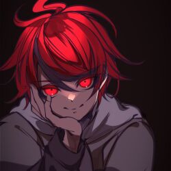 1boy ahoge black_background black_hair closed_mouth hair_between_eyes highres hood hoodie looking_at_viewer male_focus messy_hair multicolored_hair red_eyes red_hair simple_background smile solo solo_focus streaked_hair sumino_takumi takumi-g_(hundred_line) the_hundred_line_-last_defense_academy- upper_body