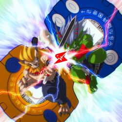 Rule 34 | blue eyes, digimon, digimon (creature), digimon adventure, digivice, leomon, looking at another, orgemon, rivalry, rivalry, sharp teeth, sword, teeth, weapon