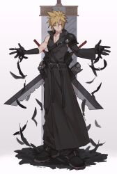 1boy apron black_apron black_feathers black_footwear black_gloves black_shirt black_sleeves blonde_hair blue_eyes buster_sword cloud_strife detached_sleeves falling_feathers feathers final_fantasy final_fantasy_vii final_fantasy_vii_advent_children full_body fusion_swords gloves gradient_background highres male_focus open_hands shirt short_hair single_bare_shoulder single_detached_sleeve single_shoulder_pad sleeveless sleeveless_shirt solo spiked_hair standing sword sword_on_back twitter_username vani_(hisha_04) waist_apron weapon weapon_on_back