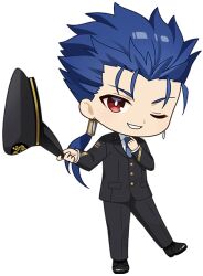 Rule 34 | 1boy, artist request, black hat, black jacket, black pants, black shoes, black suit, blue hair, chibi, chibi only, collared shirt, cu chulainn (fate), cu chulainn (fate/stay night), earrings, fate/grand order, fate (series), formal clothes, full body, gloves, hair tubes, hat, holding, holding unworn clothes, holding unworn hat, jacket, jewelry, long hair, long sleeves, looking at viewer, male focus, necktie, official art, one eye closed, open mouth, pants, peaked cap, ponytail, promotional art, red eyes, second-party source, shirt, shoes, single hair tube, smile, solo, standing, suit, train conductor, transparent background, unworn hat, unworn headwear, white gloves, white shirt