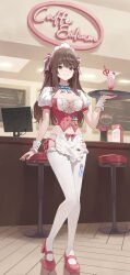 1girl absurdres apron badge blue_bow blue_bowtie bow bow_apron bowtie breasts brown_eyes brown_hair button_badge buttons cafe ceiling center_opening chair character_name cleavage commentary corset counter crazy_straw criss-cross_straps cup drinking_glass drinking_straw english_commentary food frilled_apron frilled_hairband frills fruit full_body girls&#039;_frontline girls&#039;_frontline_2:_exilium hair_between_eyes hair_bow hairband hand_up heart_straw highres holding holding_tray indoors k2_(girls&#039;_frontline) large_breasts llami_0 loafers long_hair looking_ahead maid maid_headdress menu_board navel official_alternate_costume panties paw_print pink_bow pink_corset pink_hairband pink_panties pink_shoes puffy_short_sleeves puffy_sleeves shoes short_apron short_sleeves shrug_(clothing) side-tie_panties sidelocks smile solo standing stool strawberry striped_bow thighhighs thighs tile_floor tiles tray underwear waist_apron white_apron white_shrug white_thighhighs white_wrist_cuffs wrist_cuffs yoohee_(girls&#039;_frontline_2) yoohee_(miracle_sweetheart)_(girls&#039;_frontline_2)