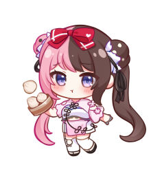 1girl :t bamboo_steamer steamed_bun black_footwear black_ribbon blush bow brown_hair chibi chibi_only closed_mouth double_bun food hair_bow hair_bun hair_ribbon long_hair looking_at_viewer multicolored_hair nikoo pink_bow pink_hair pink_shrug pink_skirt pout purple_eyes ribbon simple_background skirt solo split-color_hair tachibana_hinano thighhighs thighs twintails two-tone_hair virtual_youtuber vspo! white_background white_thighhighs