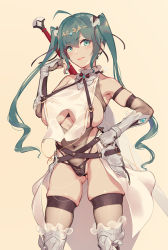 1girl :d aqua_eyes aqua_hair armor bare_shoulders blush breasts caisan circlet cowboy_shot earrings elbow_gloves facing_viewer fingerless_gloves gauntlets gloves gluteal_fold greaves hand_on_own_hip jewelry large_breasts looking_at_viewer navel no_bra open_mouth original revealing_clothes see-through_clothes sideboob skindentation smile solo standing sword twintails weapon