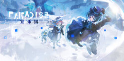 1boy 2girls absurdres black_coat black_gloves black_hat black_pants blue_bow blue_scarf blue_sky boater_hat bow brown_coat brown_hat checkered_clothes checkered_scarf chinese_text coat english_text ferrofluid fishbowl_helmet footprints full_body gloves grey_eyes grey_hair hand_up hat hat_bow highres jumpsuit long_hair looking_at_another multiple_girls object_head official_alternate_costume orange_hair outdoors pants reverse:1999 scarf short_hair sky snow sonetto_(reverse:1999) standing ulrich_(reverse:1999) ushanka vertin_(reverse:1999) walking white_jumpsuit yi_fen_ta