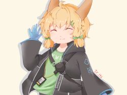 Rule 34 | 1girl, ^ ^, animal ears, arknights, blonde hair, blue gloves, bow, chinese commentary, closed eyes, closed mouth, clothes writing, commentary request, drop shadow, facing viewer, gloves, green bow, hair bow, hair ornament, hairclip, highres, kroos (arknights), long sleeves, oekaki, short hair, simple background, smile, solo, split mouth, waving, xiangqian680, yellow background